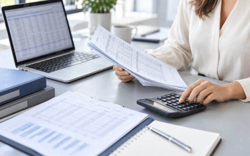 Bookkeeper balancing payroll at desk