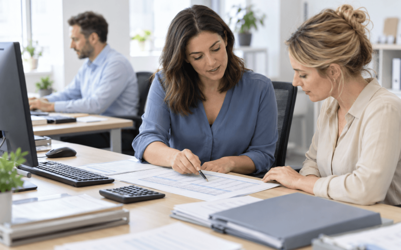 Bookkeeper reviewing documents with colleague