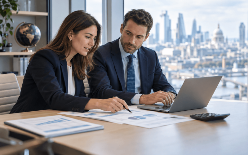 Colleagues reviewing finances in a high-rise office