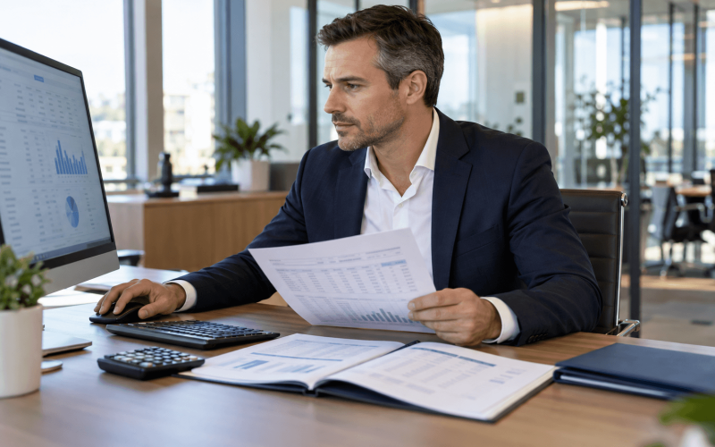 Financial Controller Reviewing Office Reports