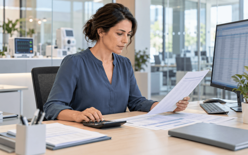 Focused payroll specialist in medical tech office